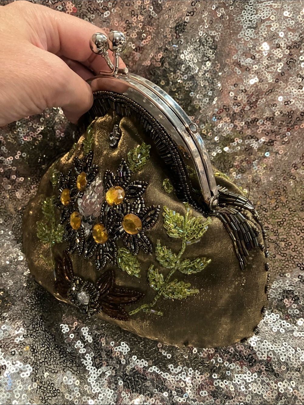 Embroidered Olive Green Beaded Clutch - Picture 4 of 8